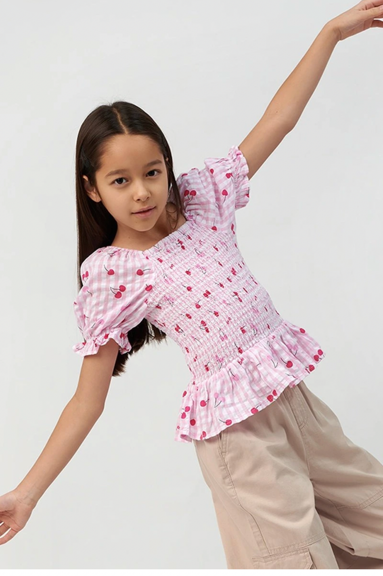 🍒 Blouse Fille Vichy & Cerises – 100% Coton