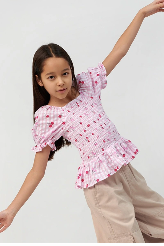 🍒 Blouse Fille Vichy & Cerises – 100% Coton